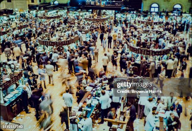 Elevated view of the trading floor of the New York Stock Exchange, New York, New York, 1977.