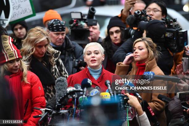 Actress Rose McGowan speaks during a press conference, after Harvey Weinstein arrived at State Supreme Court in Manhattan January 6, 2020 on the...