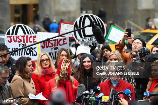 Actresses Rose McGowan and Rosanna Arquette speak during a press conference, after Harvey Weinstein arrived at State Supreme Court in Manhattan...