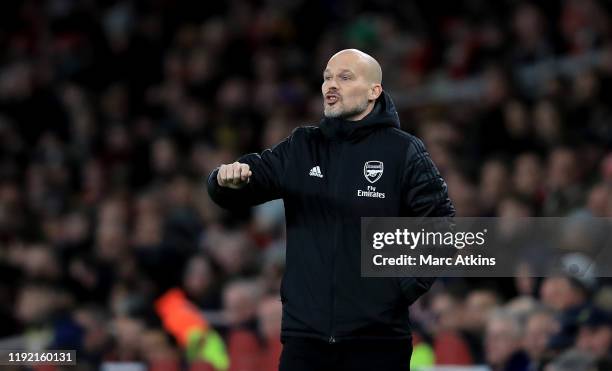 Head coach Freddie Ljungberg of Arsenal reacts during the Premier League match between Arsenal FC and Brighton & Hove Albion at Emirates Stadium on...