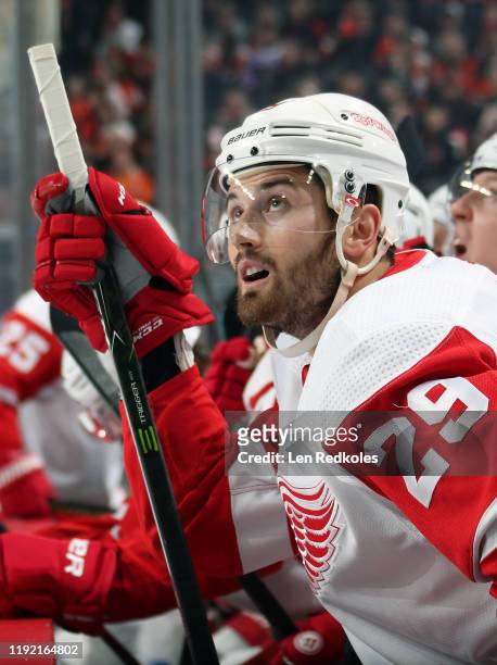 Brendan Perlini of the Detroit Red Wings looks on during his game against the Philadelphia Flyers on November 29, 2019 at the Wells Fargo Center in...