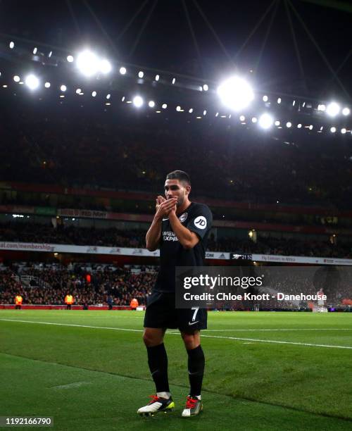 Neal Muupay of Brighton and Hove Albion celebrates scoring his teams second goal during the Premier League match between Arsenal FC and Brighton &...