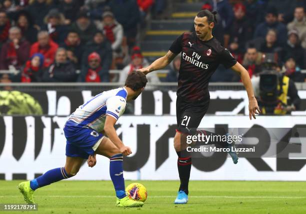 Zlatan Ibrahimovic of AC Milan in action during the Serie A match between AC Milan and UC Sampdoria at Stadio Giuseppe Meazza on January 6, 2020 in...