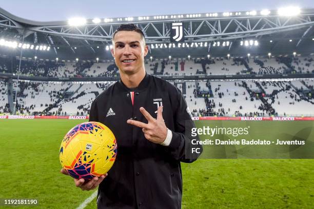 Cristiano Ronaldo of Juventus celebrates the victory and his 3 goals at the end of the Serie A match between Juventus and Cagliari Calcio at Allianz...