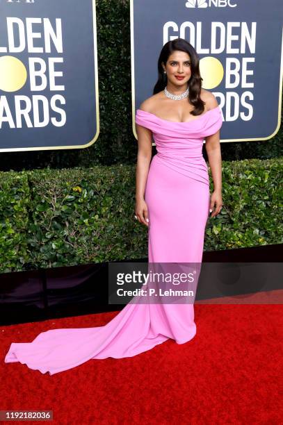Priyanka Chopra photographed on the red carpet of the 77th Annual Golden Globe Awards at The Beverly Hilton Hotel on January 05, 2020 in Beverly...