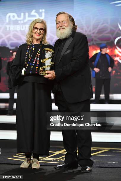 Gillian Armstrong and Jack Thompson pose with the tribute to Australian cinema during the 18th Marrakech International Film Festival -Day Seven- on...