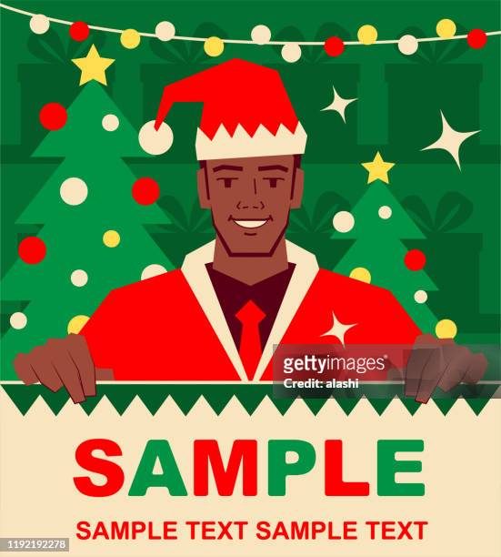 smiling handsome african ethnicity man dressed in a santa claus suit holding blank sign - cosplay stock illustrations