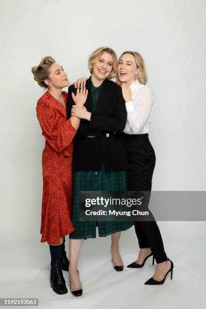 Actress Florence Pugh, director Greta Gerwig and actress Saoirse Ronan are photographed for Los Angeles Times on October 29, 2019 in Los Angeles,...