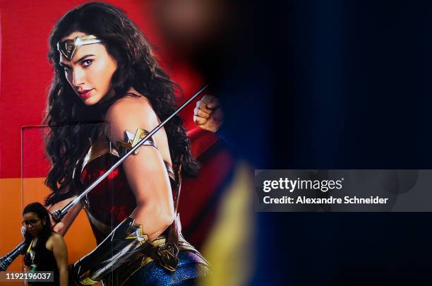 Wonder Woman backdrop is seen during CCXP 2019 Sao Paulo at Sao Paulo Expo on December 05, 2019 in Sao Paulo, Brazil.