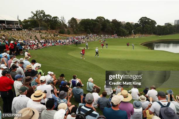 The gallery watches the group of Adam Scott of Australia, Sergio Garcia of Spain and Paul Casey of England during day two of the 2019 Australian Golf...