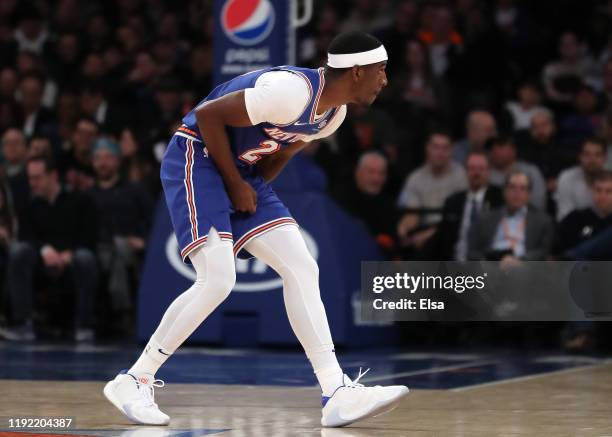 Damyean Dotson of the New York Knicks leaves the game in the first half against the Denver Nuggets at Madison Square Garden on December 05, 2019 in...