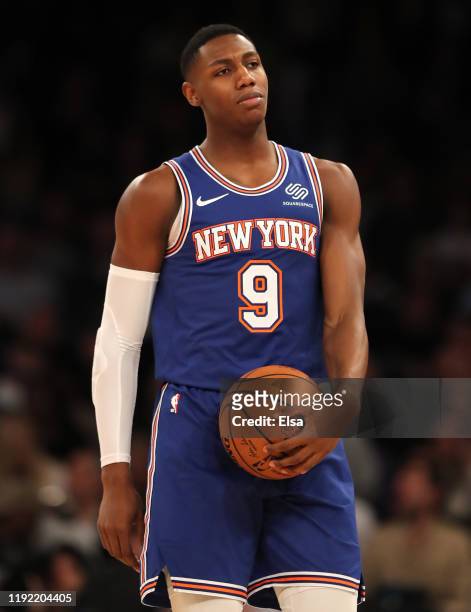 Barrett of the New York Knicks reacts in the second half against the Denver Nuggets at Madison Square Garden on December 05, 2019 in New York City....