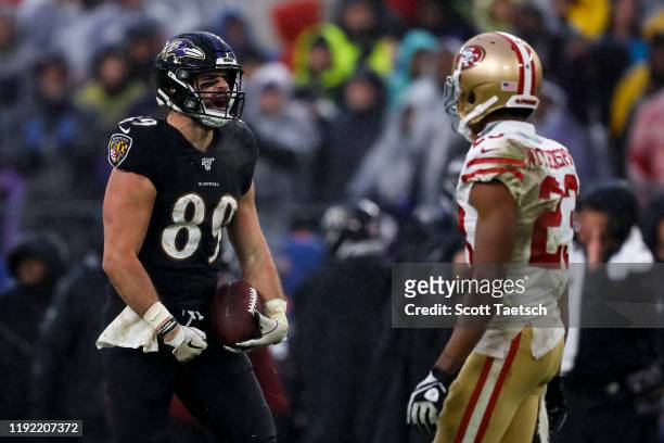 Mark Andrews of the Baltimore Ravens reacts to a play against the San Francisco 49ers during the second half at M&T Bank Stadium on December 1, 2019...