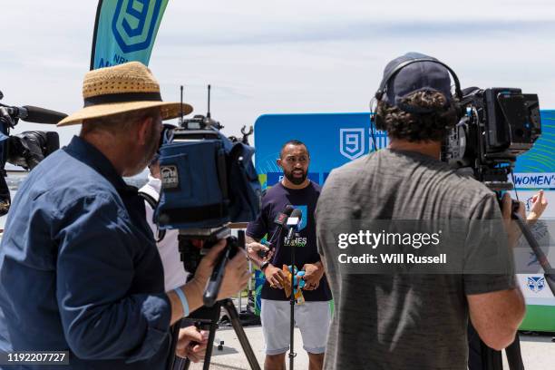 Legend Roy Asotasi speaks to the media during the 2020 NRL Nines Perth Draw Announcement at Kings Park on December 06, 2019 in Perth, Australia.