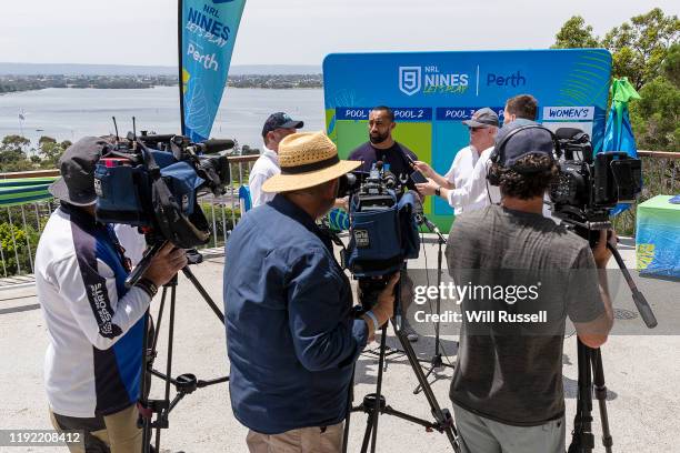 Legend Roy Asotasi speaks to the media during the 2020 NRL Nines Perth Draw Announcement at Kings Park on December 06, 2019 in Perth, Australia.