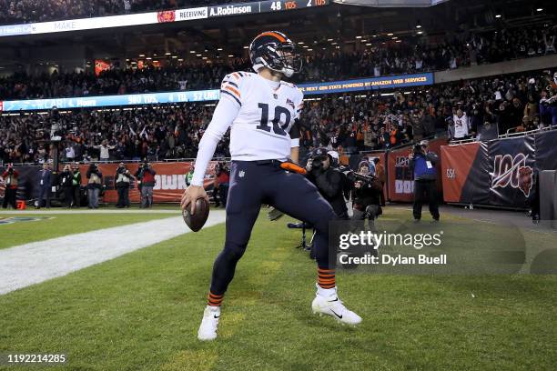 Mitchell Trubisky of the Chicago Bears celebrates after scoring a touchdown in the fourth quarter against the Dallas Cowboys at Soldier Field on...