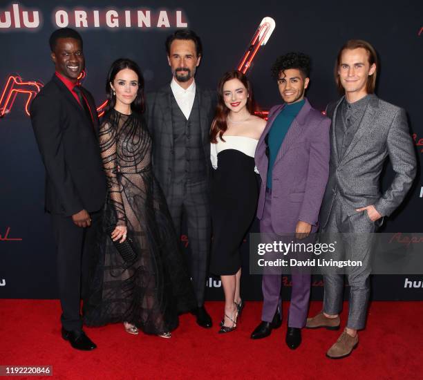 Gilbert Owuor, Abigail Spencer, Rodrigo Santoro, Madison Davenport, Mena Massoud and Rhys Wakerfield attend the premiere of Hulu's "Reprisal" Season...