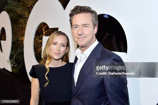 Shauna Robertson and Edward Norton attend the 2019 GQ Men Of The Year Celebration At The West Hollywood EDITION on December 05, 2019 in West...