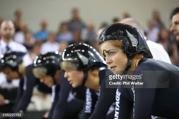 Kirstie James of New Zealand in the final of the Womens Team Pursuit during the Cambridge UCI Track World Cup at the Avantidrome on December 06, 2019...