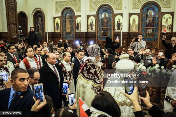 January 2020, Egypt, Kairo: The Coptic Patriarch Tawadros II of Alexandria , head of the Coptic Church, presides over the Coptic Orthodox Christmas...