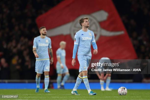 Patrick Bamford of Leeds United and teammates dejected after Reiss Nelson of Arsenal scored a goal to make it 1-0 during the FA Cup Third Round match...