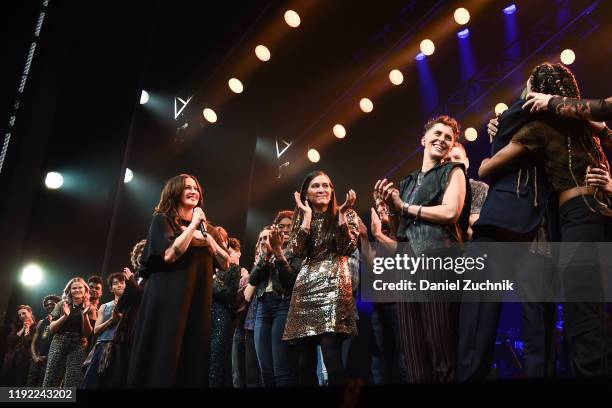 Alanis Morissette, Diane Paulus and cast pose during the curtain call of the opening night of the broadway show "Jagged Little Pill" at Broadhurst...