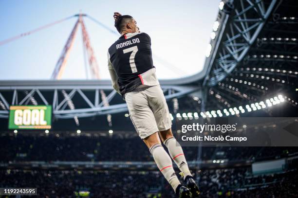 Cristiano Ronaldo of Juventus FC celebrates after scoring a goal during the Serie A football match between Juventus FC and Cagliari Calcio. Juventus...