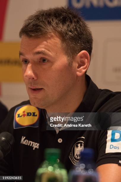 Head coach Christian Prokop of Germany speaks during the press conference after the OeHB international friendly match between Austria and Germany at...