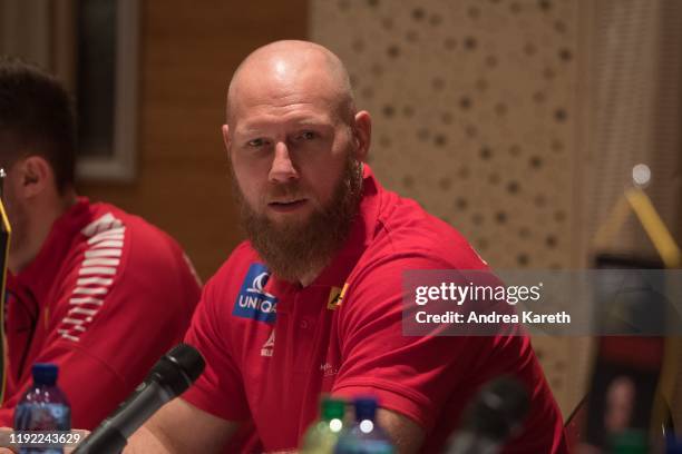 Head Coach Ales Pajovic of Austria speaks during the press conference after the OeHB international friendly match between Austria and Germany at...