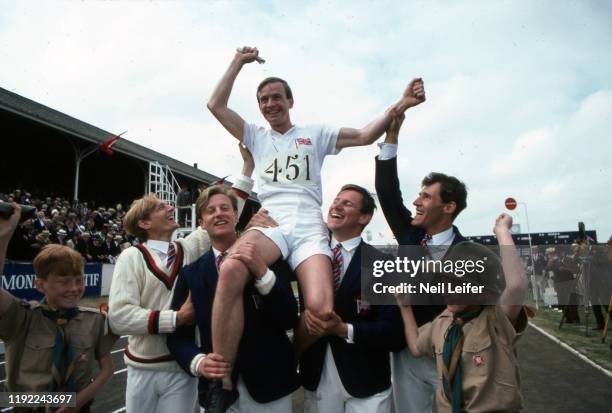 Portrait of actor Ian Charleson, as runner Eric Liddell carried on the shoulders of teammates during photo shoot on the set of "Chariots of Fire"...