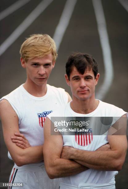 Portrait of actor Ian Charleson , as runner Eric Liddell and actor Brad Davis as runner Jackson Scholz during photo shoot on the set of "Chariots of...