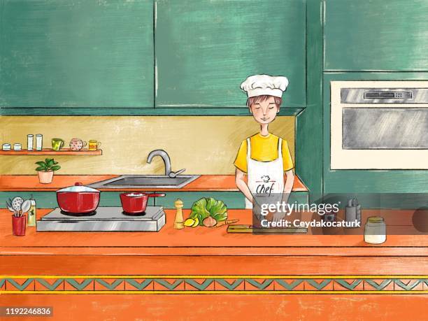 man cooking in kitchen - foodie stock illustrations