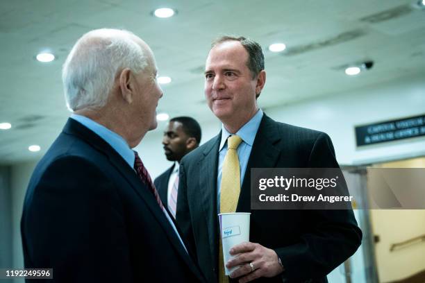 Sen. Ben Cardin speaks with House Intelligence Committee chairman Rep. Adam Schiff in the Senate Subway at the U.S. Capitol January 6, 2020 in...