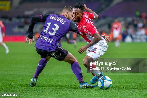 December 04: Gelson Martins of Monaco beats Mathieu Goncalves of Toulouse in the penalty area during the Toulouse FC V AS Monaco, French Ligue 1...