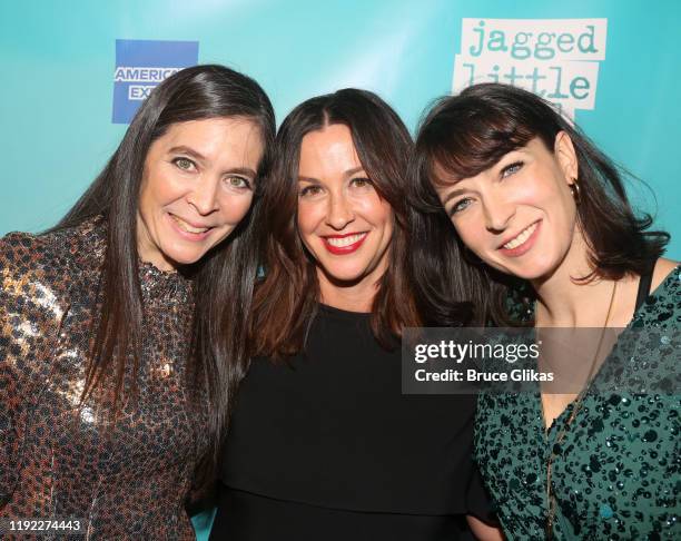 Director Diane Paulus, Composer Alanis Morissette and Writer Diablo Cody pose at the opening night after party for the new Alanis Morissette musical...