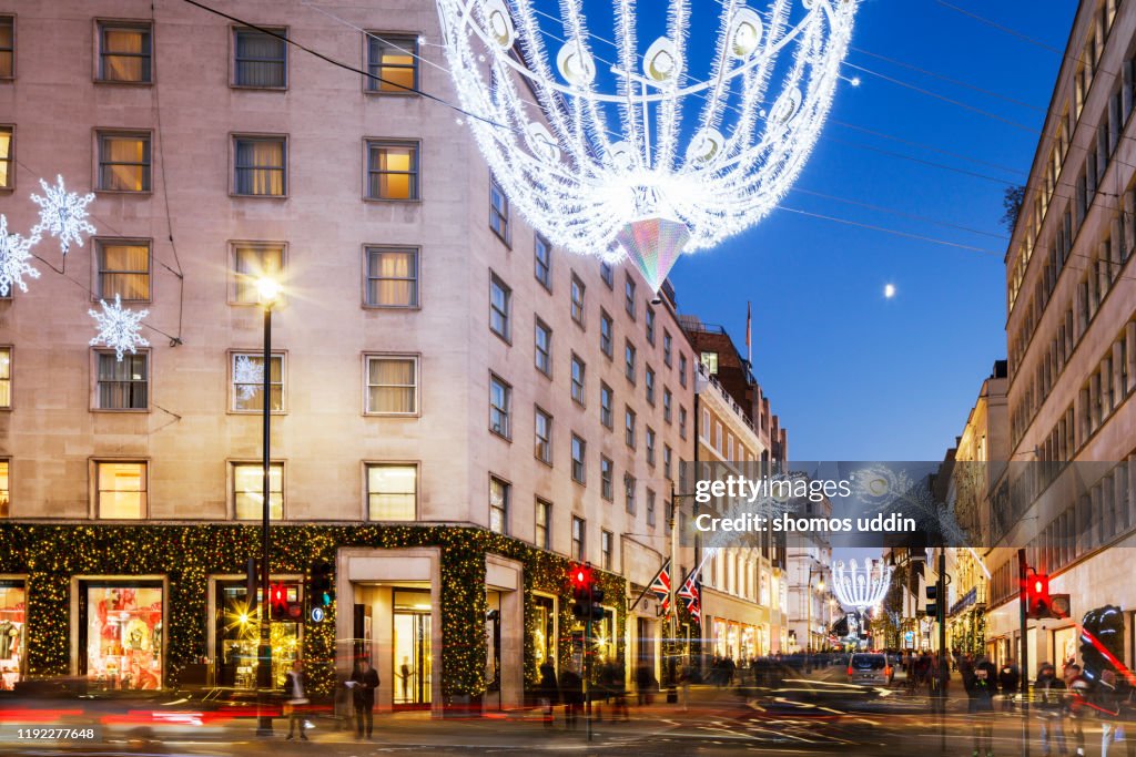 Traditional shopping street of London in Christmas