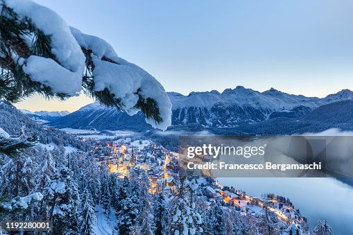 Elevated view of Sankt Moritz at dusk with fresh snow. Elevated view of Sankt Moritz at dusk with fresh snow.