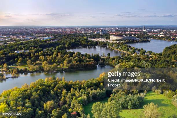 view from silberbuck hill to silbersee lake and large and small dutzendteich pond, nsdap party convention grounds with congress hall, nuremberg, middle franconia, franconia, bavaria, germany - franconie stockfoto's en -beelden