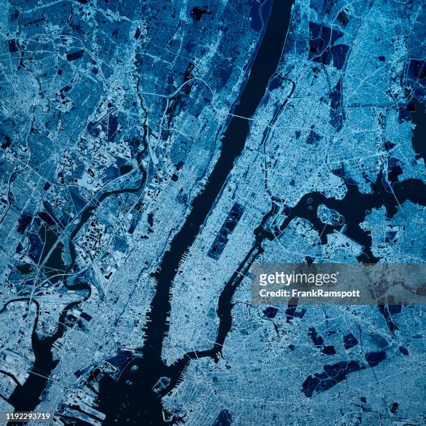 manhattan new york 3d render map blue top view apr 2019 - america satellite view stock pictures, royalty-free photos & images