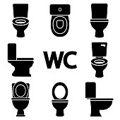 Toilet set icons, logo isolated on white background. Toilet bowl from different angles