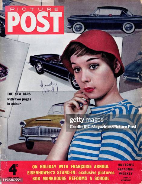 Model is posed for the cover of Picture Post magazine in front of a backdrop showing a range of cars to be released in 1956. Original Publication:...