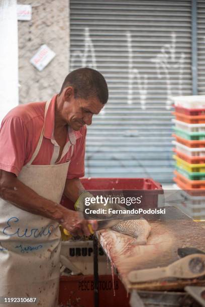 een vis schoonmaken - municipal market of sao paulo stockfoto's en -beelden