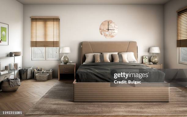 scandinavian master bedroom - blinds stock pictures, royalty-free photos & images