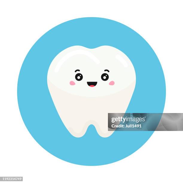 cute tooth icon in blue circle on white isolated background. for kids dentistry. - toothache cartoon stock illustrations