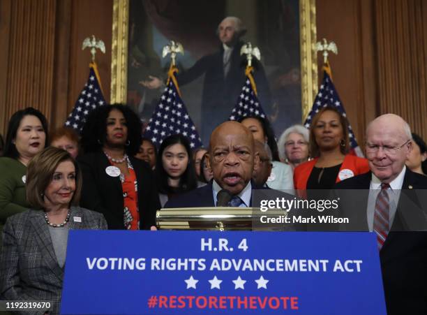 Rep. John Lewis speaks to the media ahead of the House voting on the H.R. 4, The Voting Rights Advancement Act, on December 6, 2019 in Washington,...