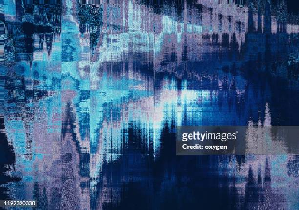 abstract digital classic blue pixel noise wave glitch error damage background - problemen stockfoto's en -beelden