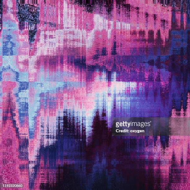 abstract digital purple blue pixel noise wave glitch error damage background - pink tv stock pictures, royalty-free photos & images