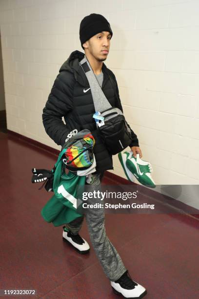 Tremont Waters of the Boston Celtics arrives prior to a game against the Washington Wizards on January 6, 2020 at Capital One Arena in Washington,...
