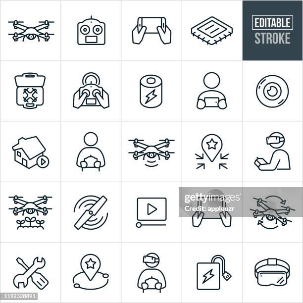 ilustraciones, imágenes clip art, dibujos animados e iconos de stock de iconos de línea fina de quadcopter - trazo editable - maquina fotografica