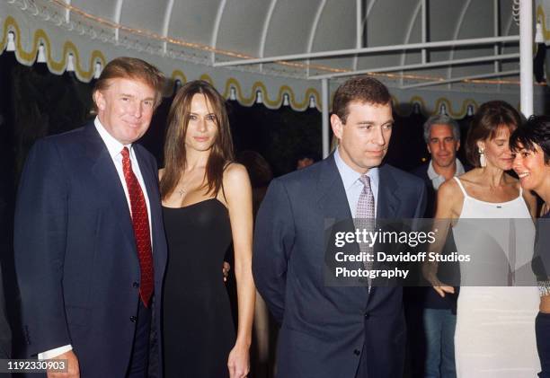 Portrait of, from left, American real estate developer Donald Trump, his girlfriend , former model Melania Knauss, Prince Andrew, Duke of York,...